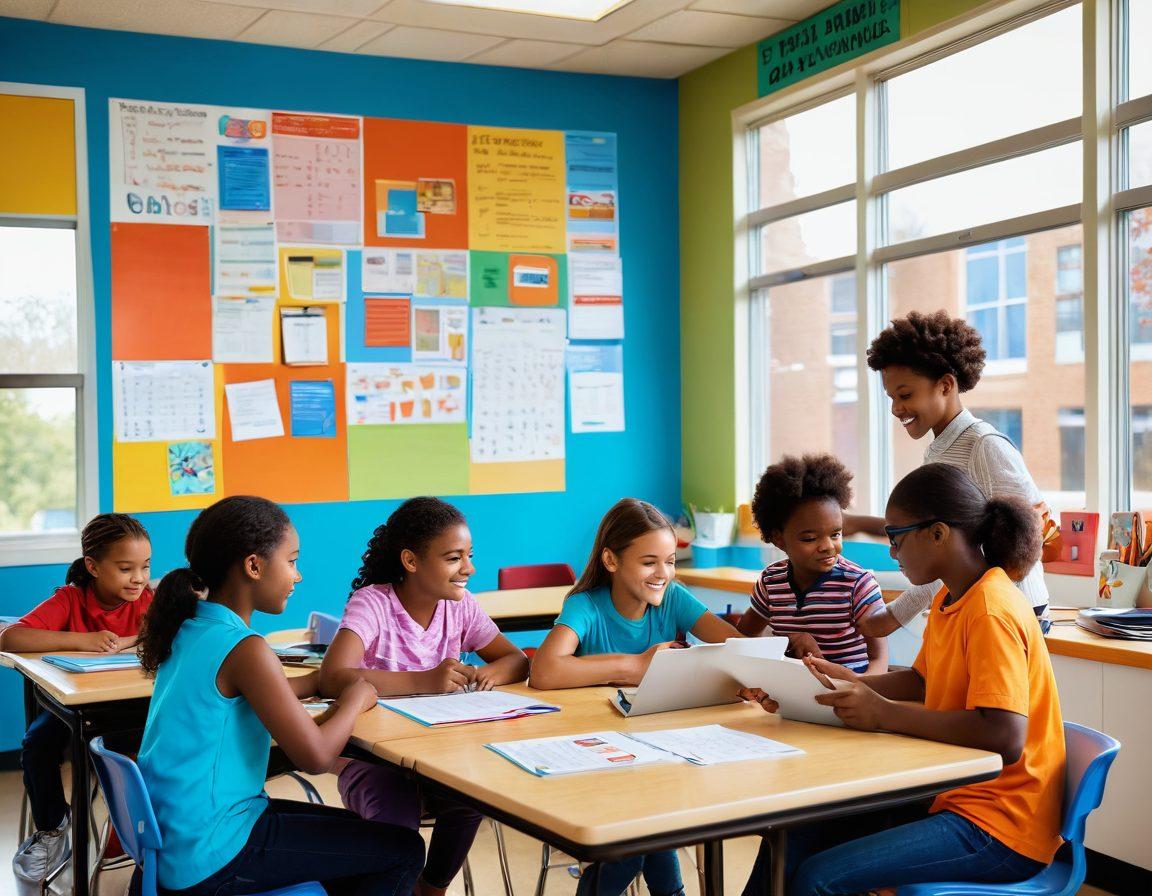 A vibrant classroom filled with engaged students of diverse backgrounds, collaborating on colorful projects. The walls are adorned with educational posters, and a warm sunlight shines through large windows, creating a cheerful atmosphere. Include elements of technology, like tablets and interactive boards, to highlight modern learning. Illustrate a teacher encouraging students, creating a scene of harmony and joy. super-realistic. vibrant colors. bright and inviting.