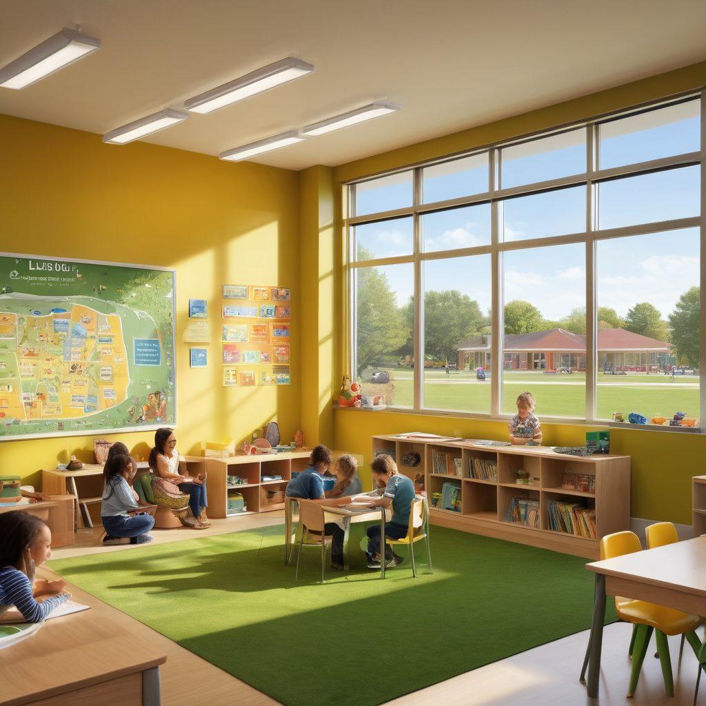 A warm, inviting classroom scene filled with diverse students eagerly engaged in interactive learning activities, while caring parents observe and interact with teachers. Bright educational posters adorn the walls, and a large window reveals a sunny, green playground outside. The atmosphere radiates encouragement and connection, highlighting the bond between students, parents, and educators. super-realistic. vibrant colors. soft lighting.