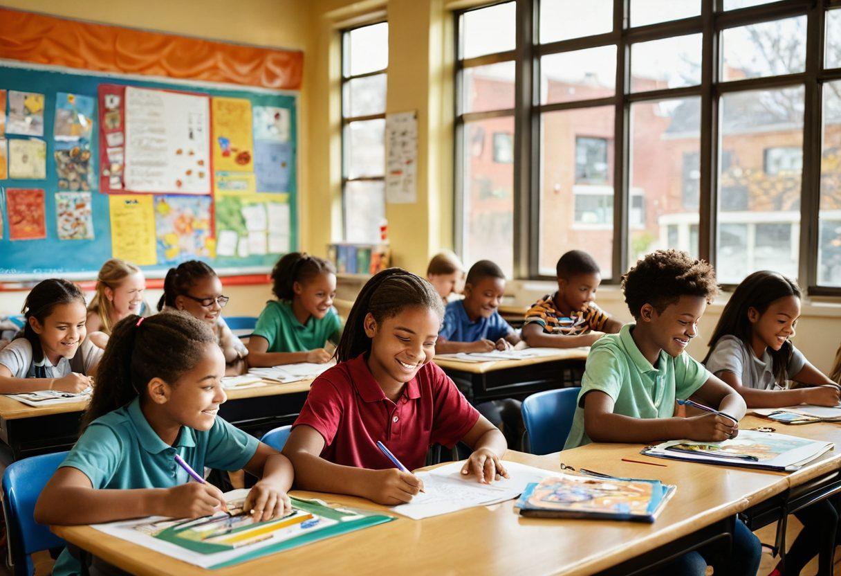 A vibrant K-12 classroom scene filled with diverse, engaged students actively participating in a joyous learning environment. The teacher, a warm figure, encourages creativity with colorful art supplies scattered around, while warm sunlight filters through large windows, illuminating smiling faces. Include elements like student projects and educational posters on the walls, symbolizing contentment and growth in education. super-realistic. vibrant colors. warm tones.